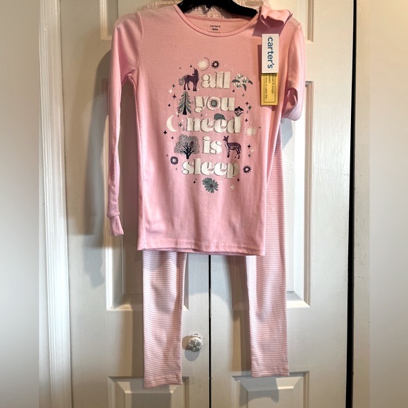 NWT- CARTERS 2 Pc PJ Set / Pink & White Striped Leggings & Pink, Long Sleeve Top - Picture 1 of 12